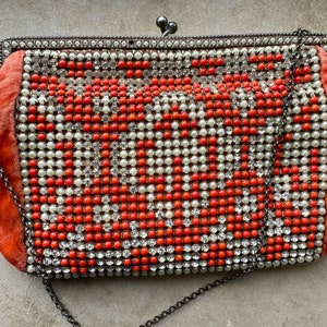 見事な本物のアールデコ調オレンジベルベットパールラインストーン装飾シルバーアンティークイブニングバッグ