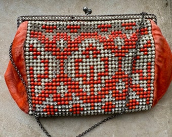 Stunning  Authentic Art Deco Orange Velvet Pearl Rhinestone Ornate Silver Antique Evening Bag