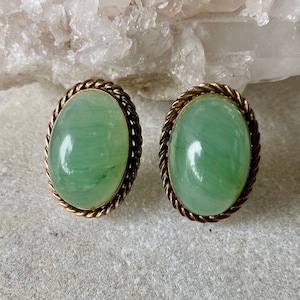 Stunning Gold Gilt Sterling Silver Old Chinese Green Jade Open Back Cabochon Vintage Antique Clip Earrings