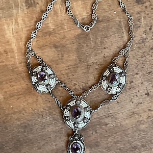 Stunning Victorian Sterling Silver Natural Amethyst Pearl Antique Bib Festoon Antique Necklace