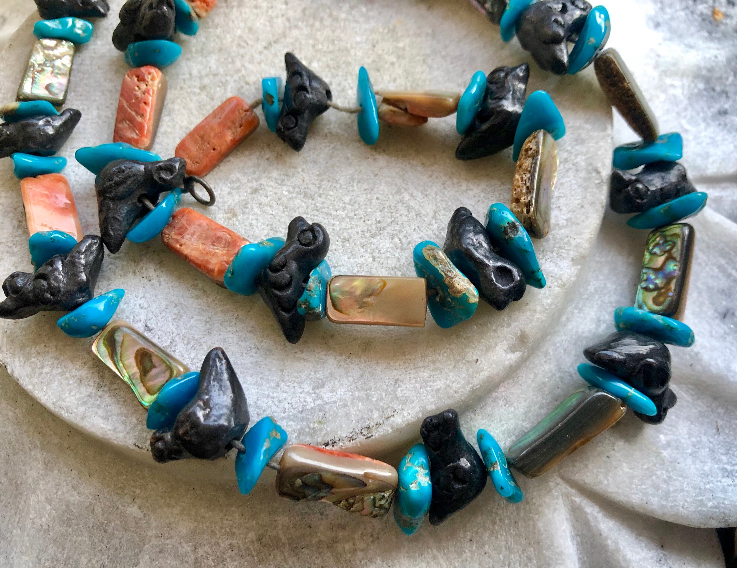 Old Native American Blue Turquoise Ceramic Bird Mother of Pearl