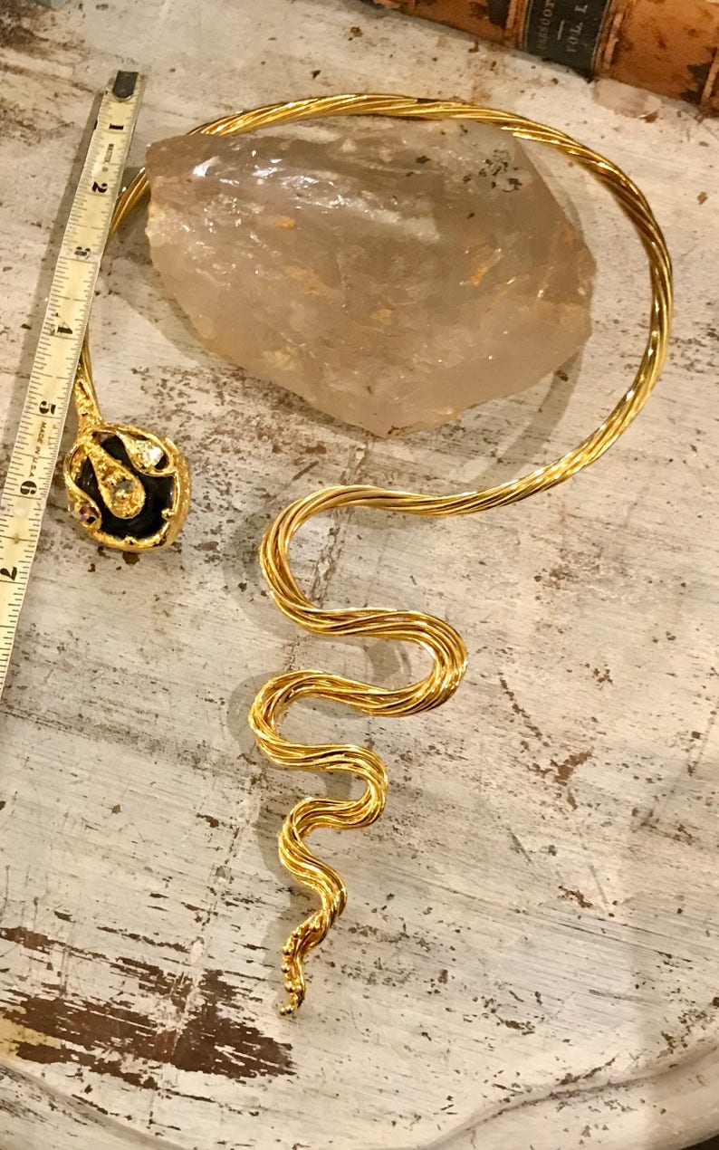 Goldtone Cleopatra Snake Sculptural Wrap Around Collar Vintage Necklace Wearable Art image 6