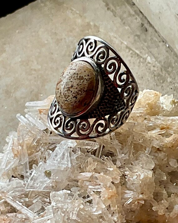 Solid Sterling Silver Scroll Work Speckled  Brown… - image 2