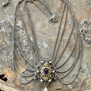 Beautiful Art Nouveau Austro Hungarian Amethyst Pearl Gold Sterling Silver Vintage Bib Antique Festoon Necklace image 5