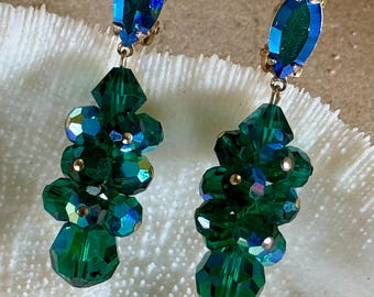 Prong Set Faceted Ab peacock crystal  cha cha chandelier vintage Chandelier earrings Clipon backs Desinger