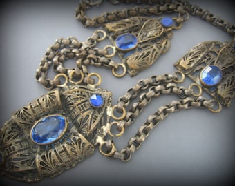 SALE Stunning Austro Hungarian Art Deco Nouveau Blue Stone Vintage Brass Festoon Necklace