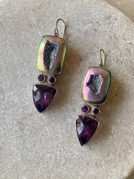 Sterling Silver Amethyst Titanium Rainbow Druzy V… - image 1