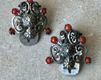 Victorian Art Nouveau Italian Silver Red Coral Floral  Antique Clip on Earrings