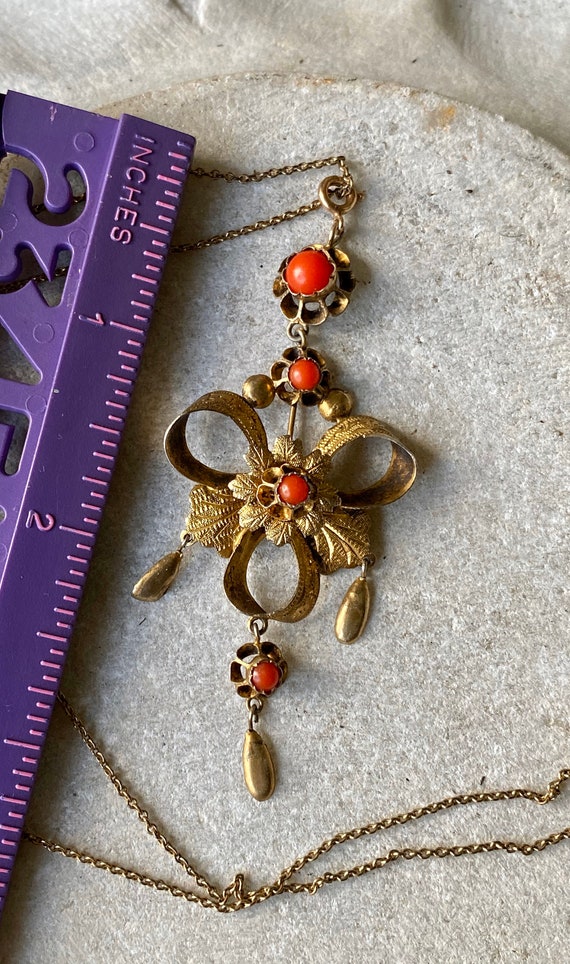 Beautiful Victorian Gold Gilt Red Coral Bow Antiq… - image 5