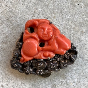 Beautiful Art Deco Chinese Carved Coral Buddha on the Clouds Sterling Silver Vintage Antique pendant