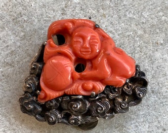 Beautiful Art Deco Chinese Carved Coral Buddha on the Clouds Sterling Silver Vintage Antique pendant