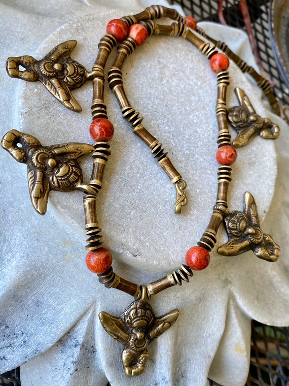 Bold Antique Brass Bead Garuda Red Sponge Coral  … - image 4