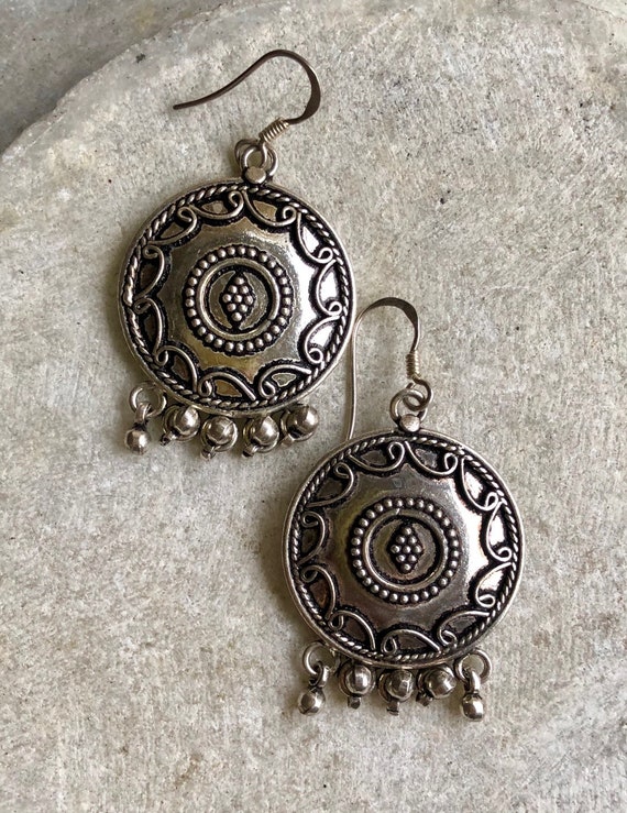 Sterling Silver Tribal Disk Medallion Vintage Ear… - image 1