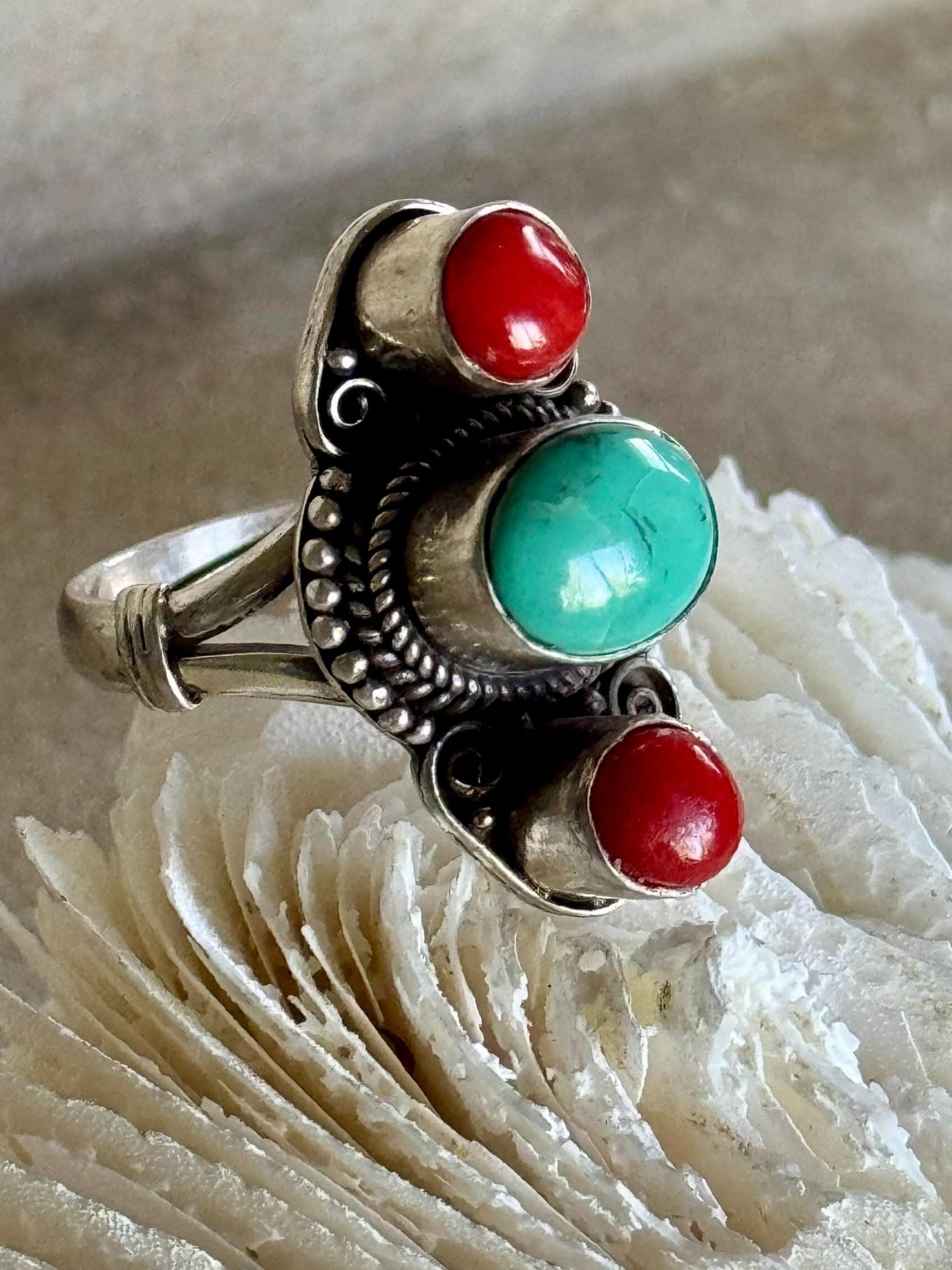 ビンテージ ターコイズ レッドコーラル シルバー 925 リング レッドコーラルブルーターコイズスターリングシルバーヴィンテージ