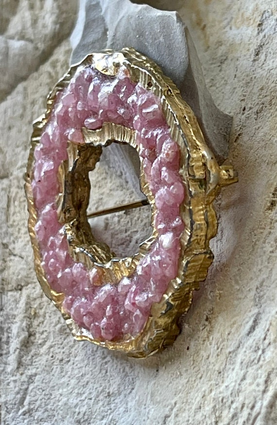 Brutalist Wearable Art Gold POP Pink Stone Resin … - image 2