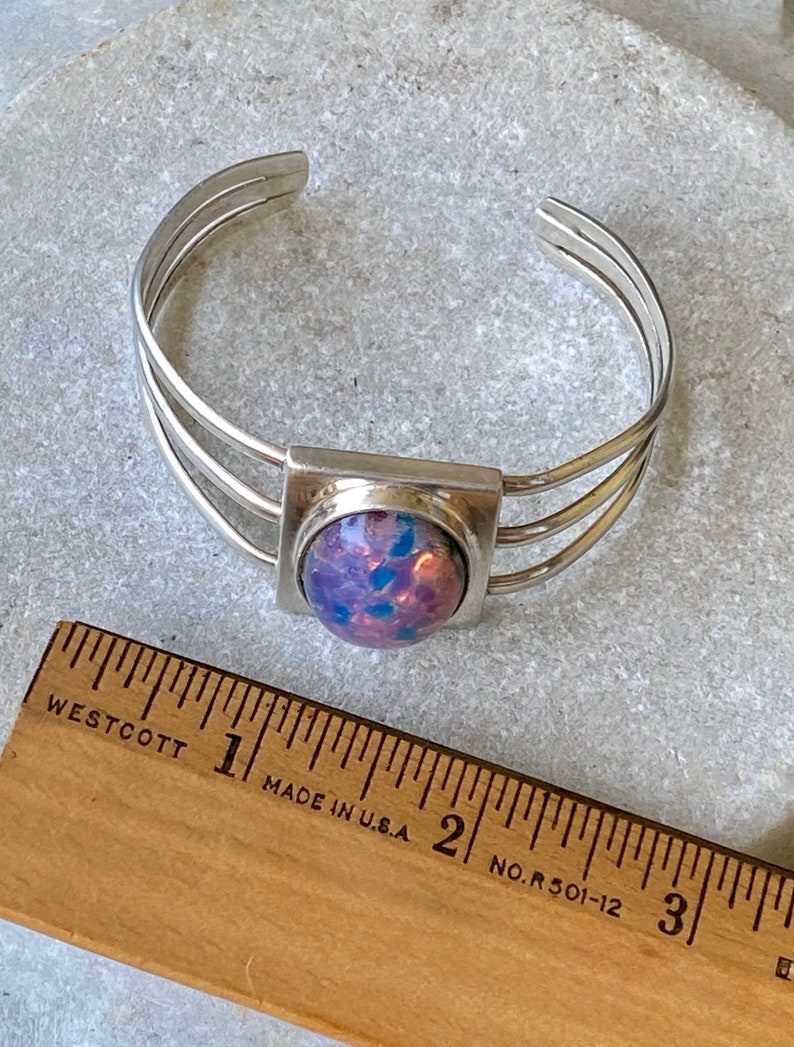 Mexican Sterling Silver Dragons Breath Opal Art Glass Vintage Cuff Bracelet