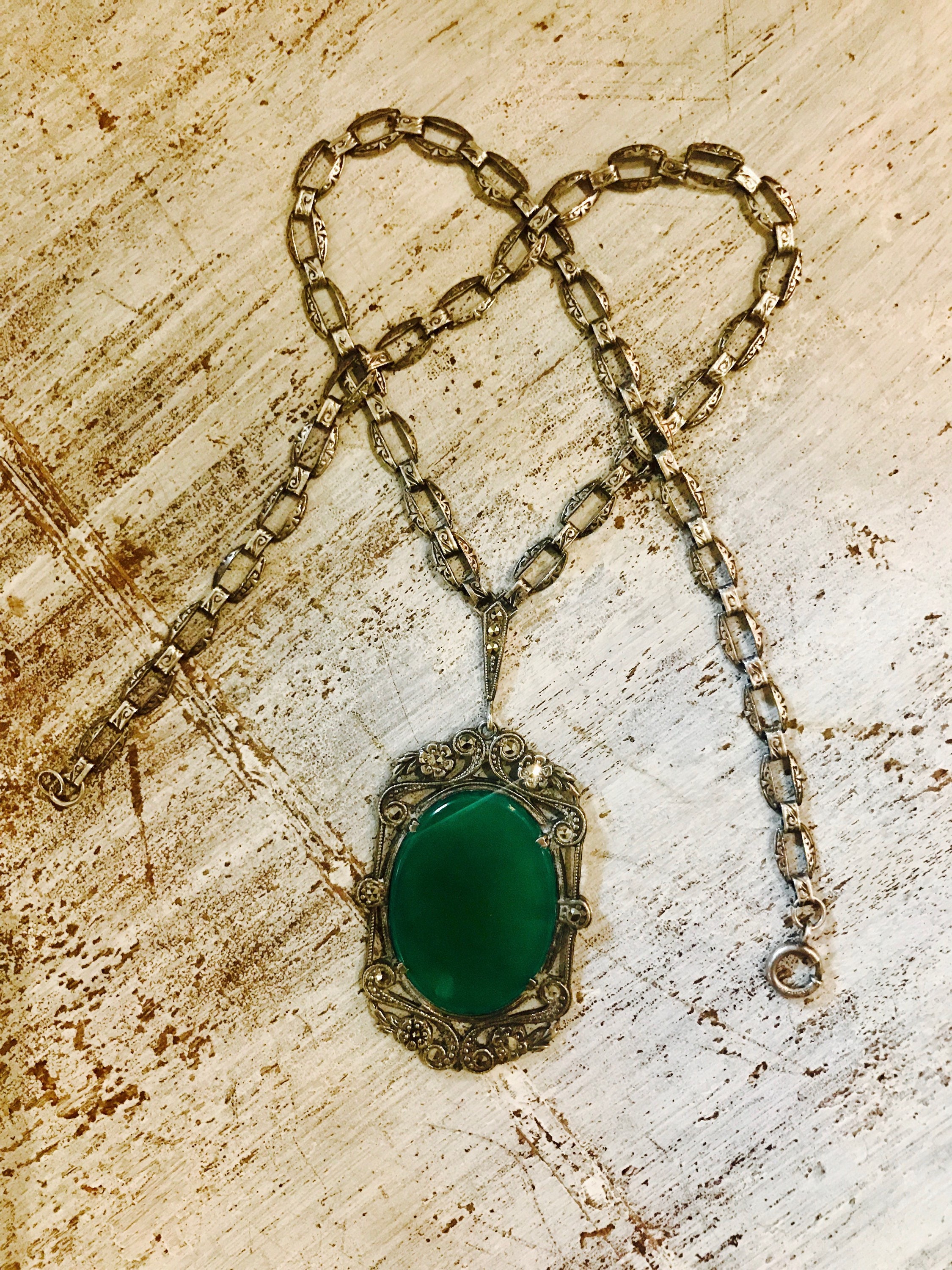 German 1920s Art Deco Sterling Silver Green Chrysoprase