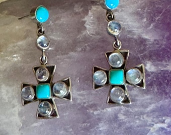 Vintage Sterling Silver Rainbow Moonstone & Turquoise Cross Earrings | Artisan 925 Gemstone Dangle Earrings | Open Back Moonstones