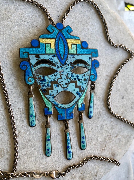 Art Deco 1930s Aztec Mexican Sterling Silver Enamel Vintage