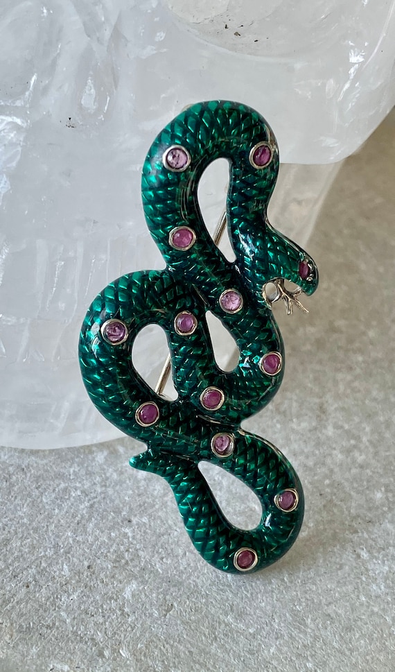 Sterling Silver Green Enamel Snake Serpant Ruby V… - image 2