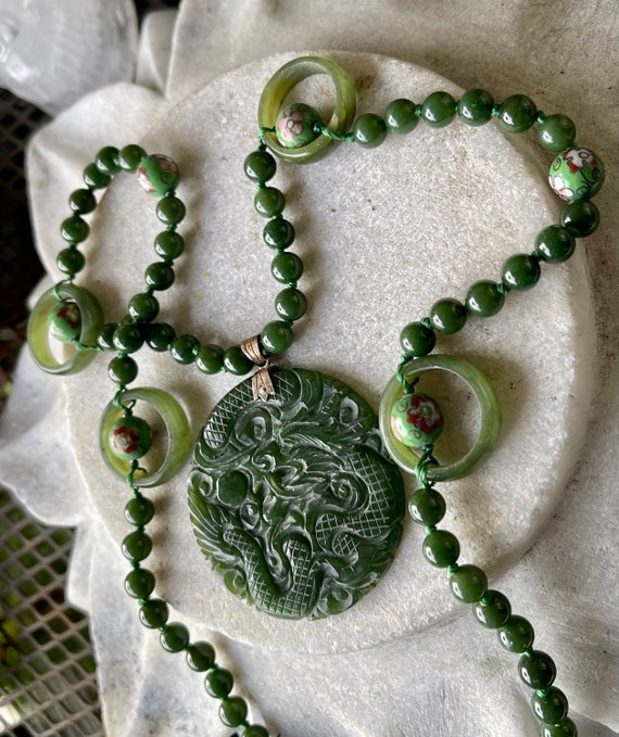 Stunning Carved Green Jade Dragon Cloisonne Long … - image 8