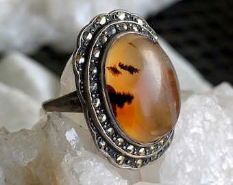 Art Deco 1920s Sterling Silver Marcasite Orange Banded Agate Vintage Ring