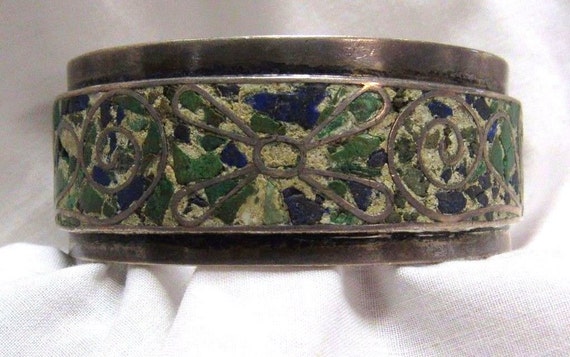 Solid Sterling Silver Mixed Green Stone Mosaic Mi… - image 1