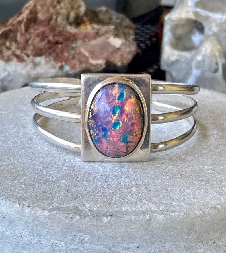 Mexican Sterling Silver Dragons Breath Opal Art Glass Vintage Cuff Bracelet