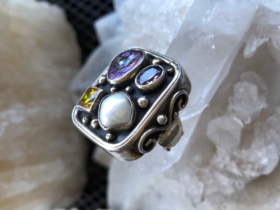 Bold Beautiful Solid Sterling Silver Pearl Amethy… - image 3
