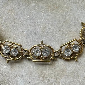 1940s Art Deco Gold Over Sterling Silver Faceted Rhinestone Royal Crown Antique Vintage Bracelet
