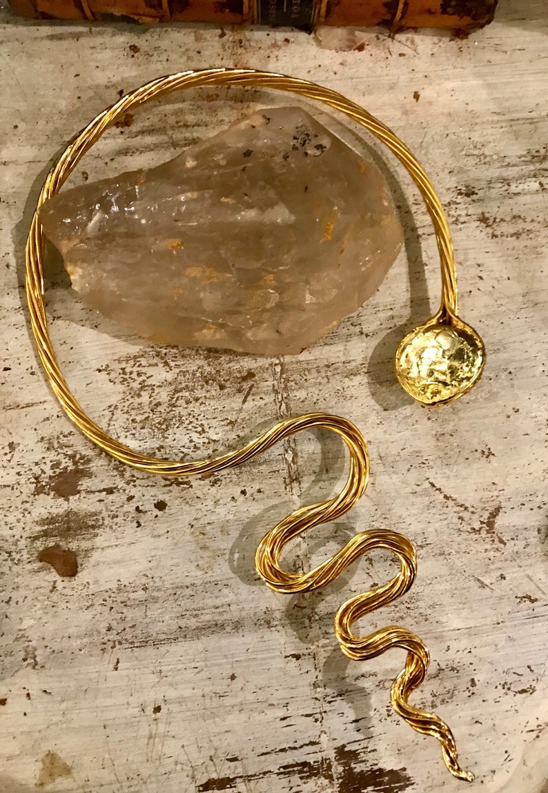 Goldtone Cleopatra Snake Sculptural Wrap Around Collar Vintage Necklace Wearable Art image 4