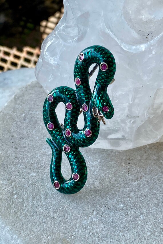 Sterling Silver Green Enamel Snake Serpant Ruby V… - image 6