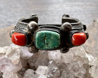 old Tibetan coral　※色味について必ず説明をご確認ください Sterling Silver Red Coral Tibetan Turquoise Long Vintage