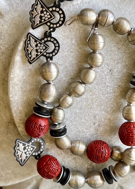 Unique Carved Red Cinnabar Sterling Silver Vintag… - image 2