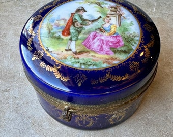 Antique Hand Painted porcelain lovers trinket jewel box mage in Germany