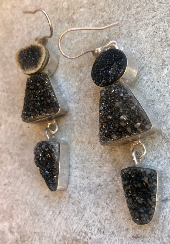 Beautiful Black Druzy Crystal Sterling Silver Vin… - image 4