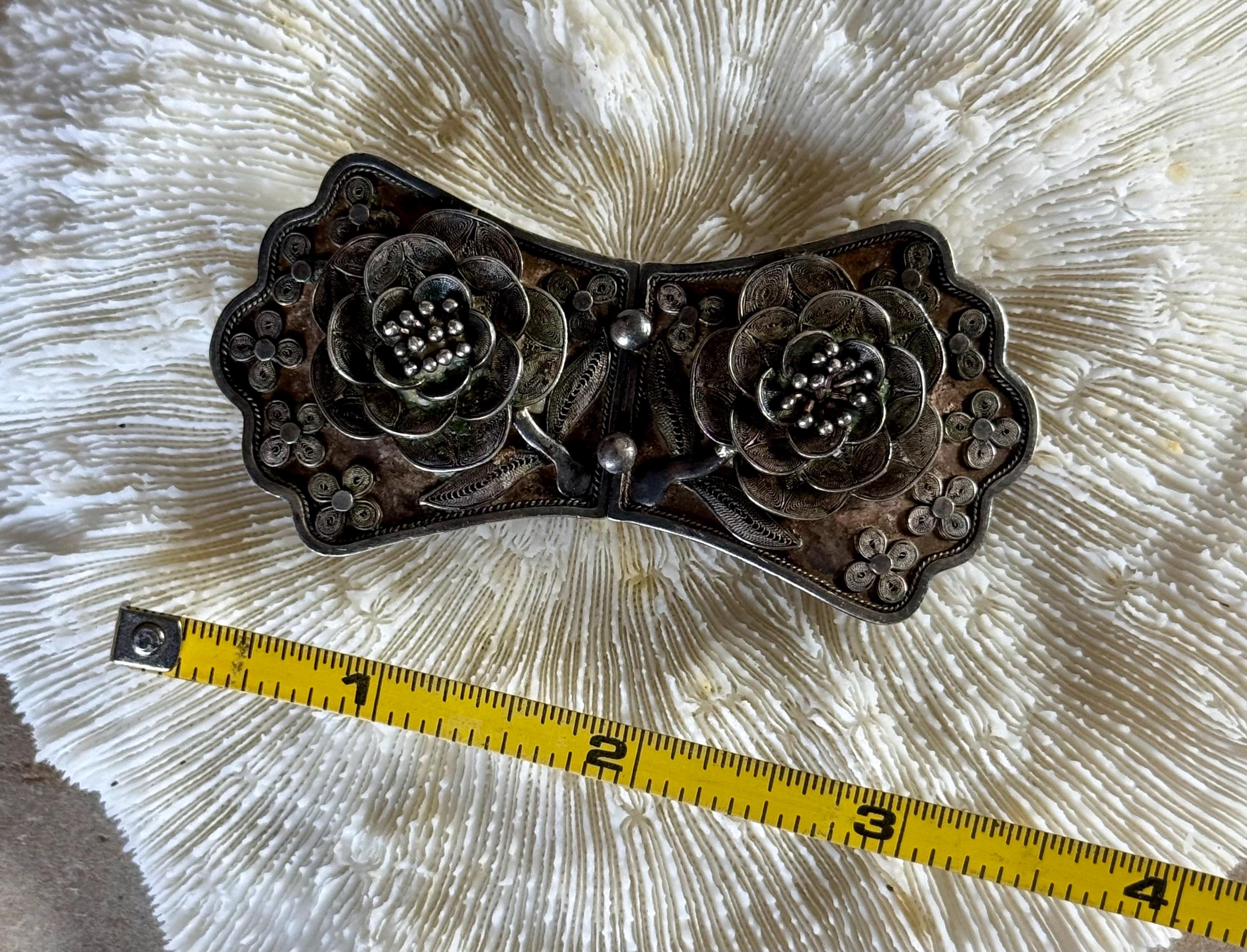 Vintage Silver Filigree Rose Buckle Stretchy Waist Cinch Belt PC Antique Ottoman Silver Belt – Turkish Filigree Buckle  main image 4