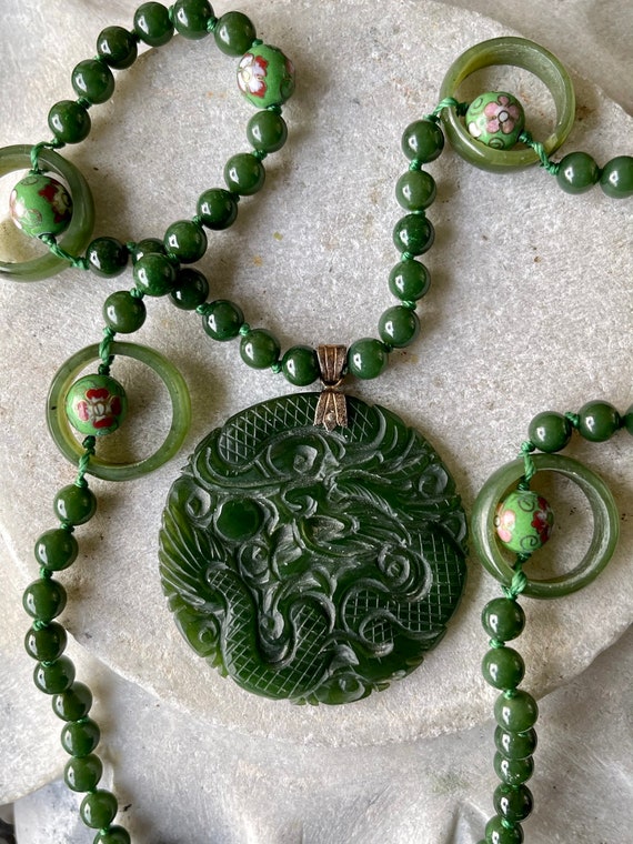 Stunning Carved Green Jade Dragon Cloisonne Long … - image 3