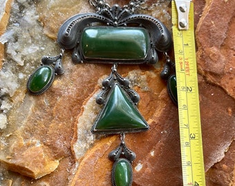 Art Nouveau Green Jade Sterling Silver Filigree Vintage Antique
