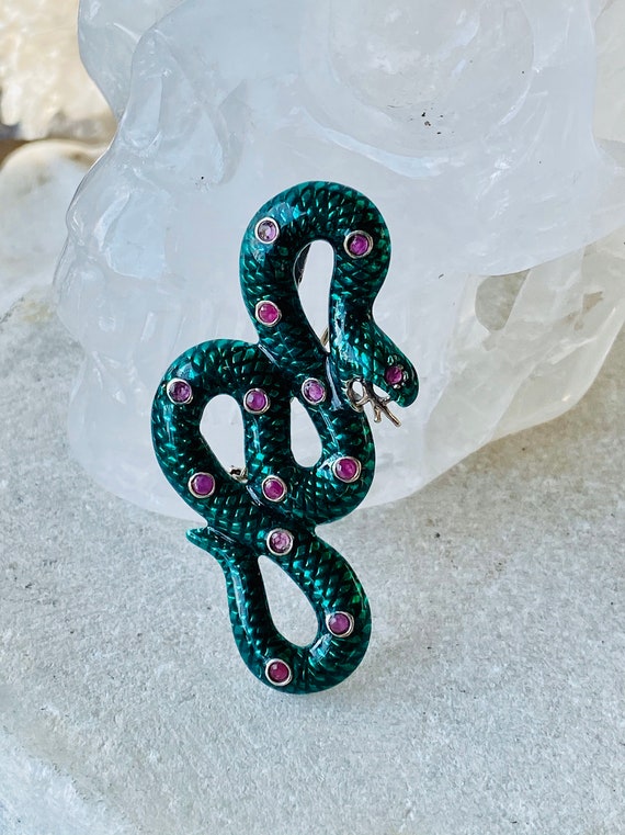 Sterling Silver Green Enamel Snake Serpant Ruby V… - image 1