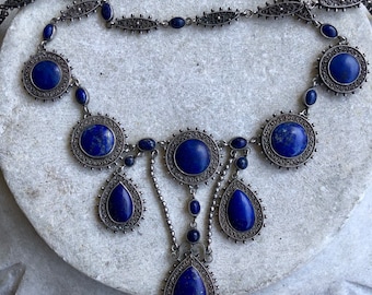 Beautiful Victorian European Sterling Silver Blue Sodalite Vintage Antique Festoon Necklace