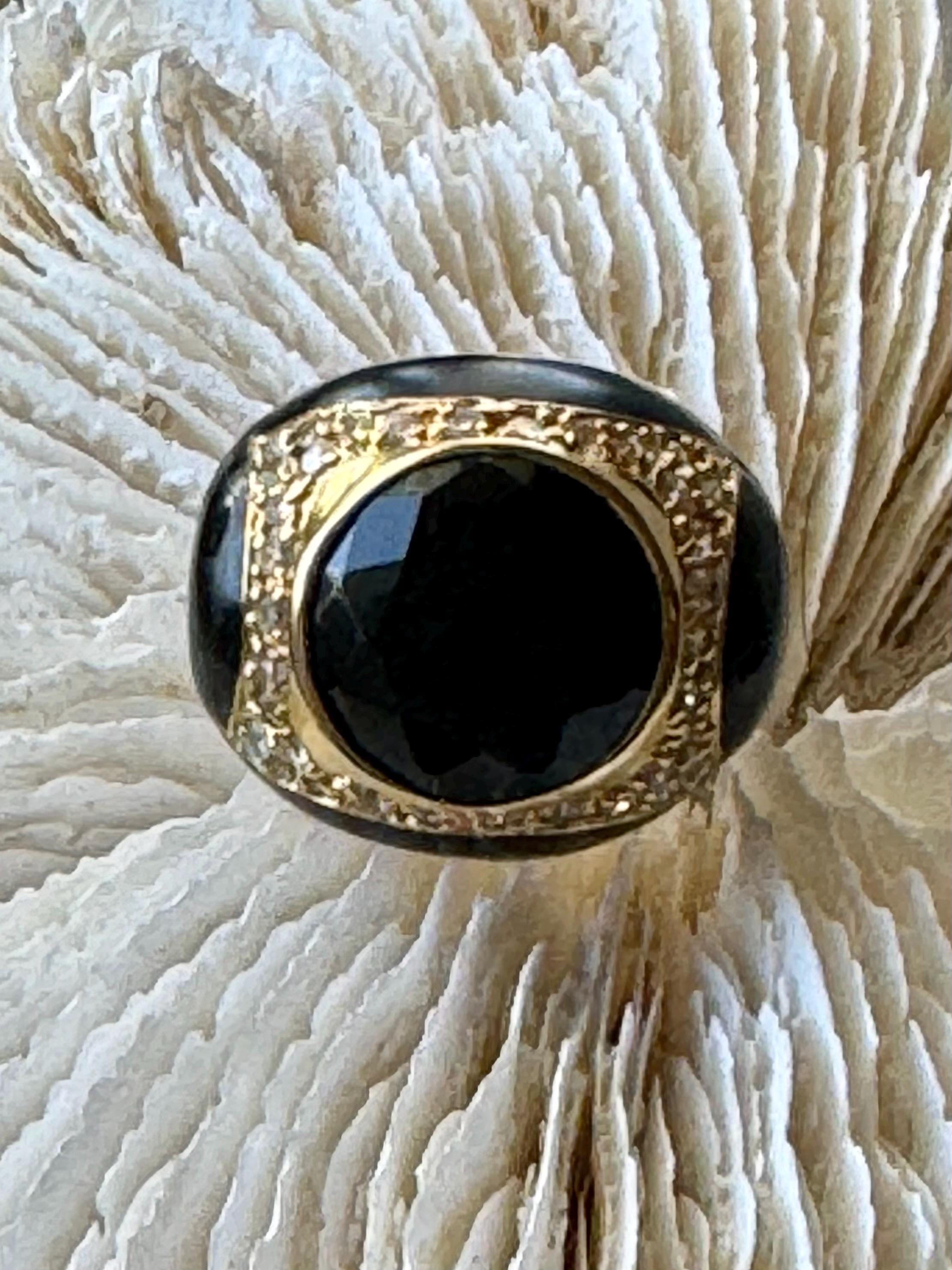 Retro Avant Gard Gold tone  Black Enamel Blackstone with diamantes on side bold Vintage designer ring