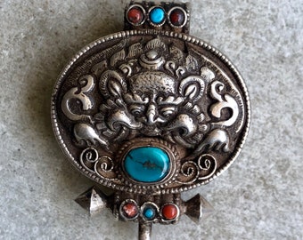 Beautiful Tibetan Dragon Turquoise Coral Vintage Sterling Silver Vintage Prayer Box Pendant