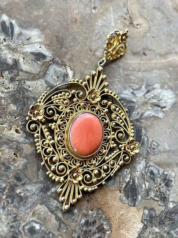 Beautiful Italian Gold Gilt Filigree Coral Vintag… - image 4