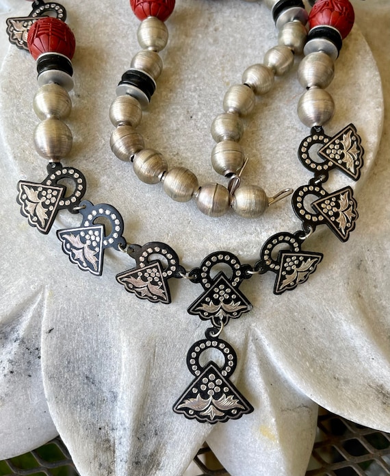 Unique Carved Red Cinnabar Sterling Silver Vintag… - image 8