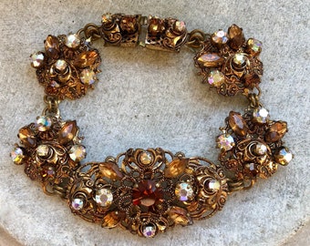 Beautiful Golden Topa Czech Crystal Rhinestone Art Nouveau Vintage Bracelet