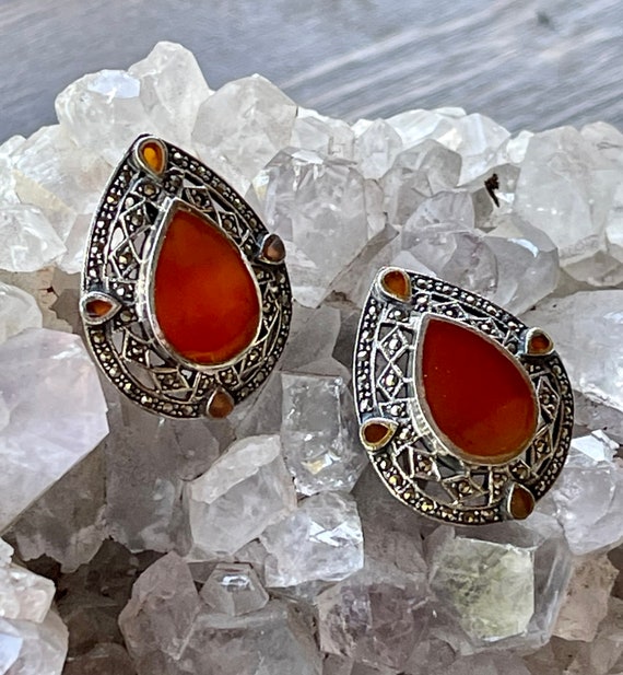 Art Deco Sterling Silver Marcasite Carnelian Vint… - image 2