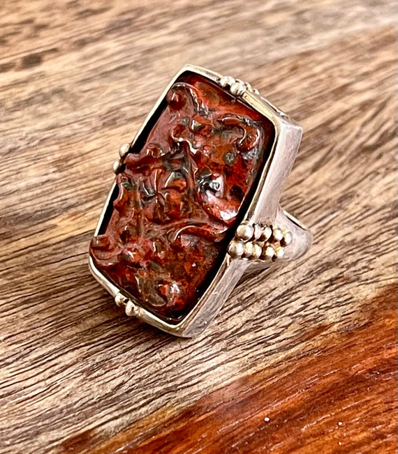 Beautiful Carved Floral Red Black Jasper Asian Mid