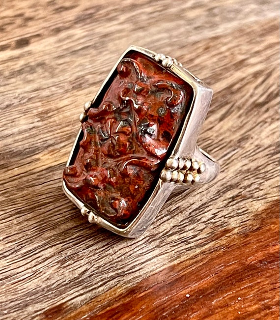 Beautiful Carved Floral Red Black Jasper Asian Mi… - image 1