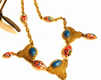 Beautiful Art Nouveau Art Deco Italian Art Glass brass bib Vitage Festoon Necklace